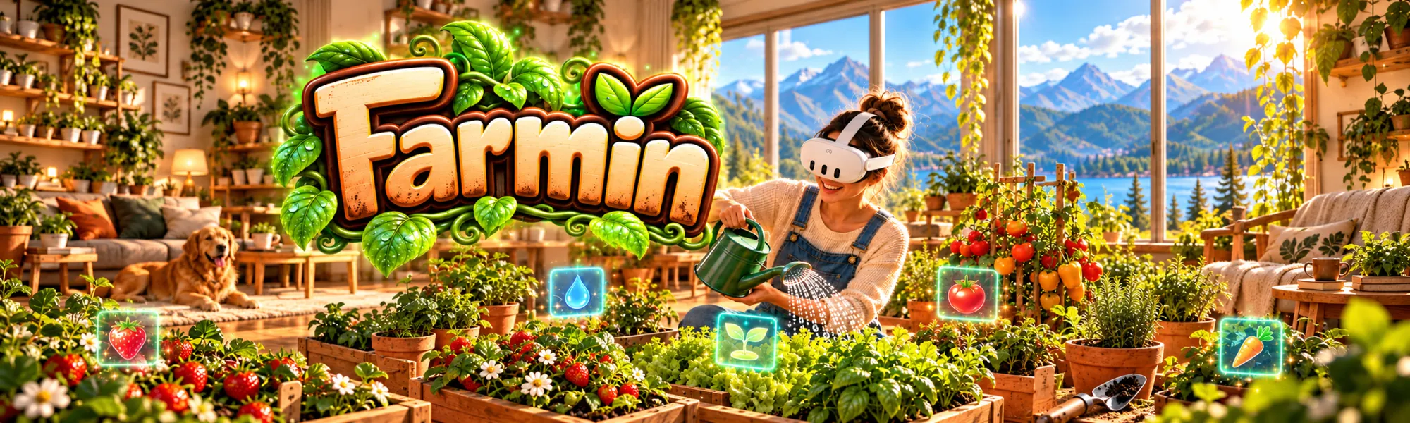 Farmin banner art: a sunlit living room full of raised garden beds, with the Farmin logo on the left.