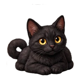 A black cat with yellow eyes, lying down